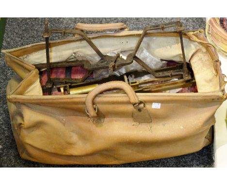 A set of balance scales and weights;  an old tent and camping equipment