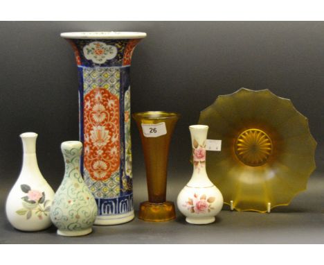 Ceramics and glass - amber glass trinket bowl; hat pin stand; an Oriental flared cylindrical vase;  etc 