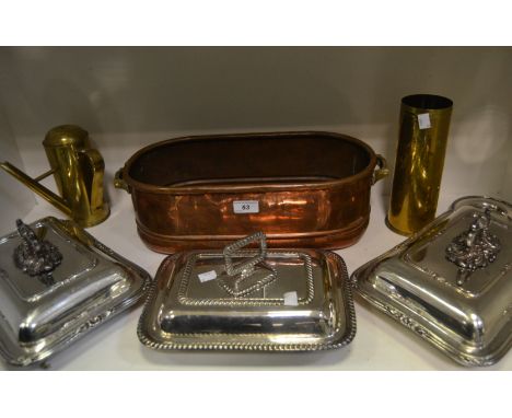 Metalware - a Victorian copper plant trough, a Trench Art coffee pot ; a WW1 shell case; a silver plated tureen and cover , o