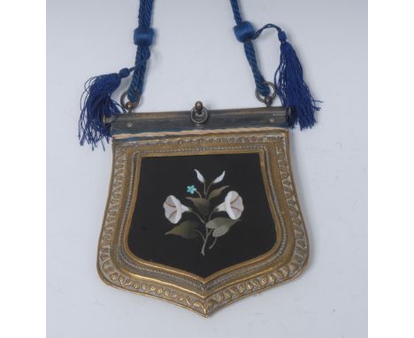 A 19th century pietra dura mounted notepad, set with a panel inlaid in specimen stones with a spray of lilies, embossed to ve