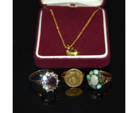 Jewellery - a gold coloured coin ring gold coloured mount; a dress ring; another; a Walker and Hall pendant 