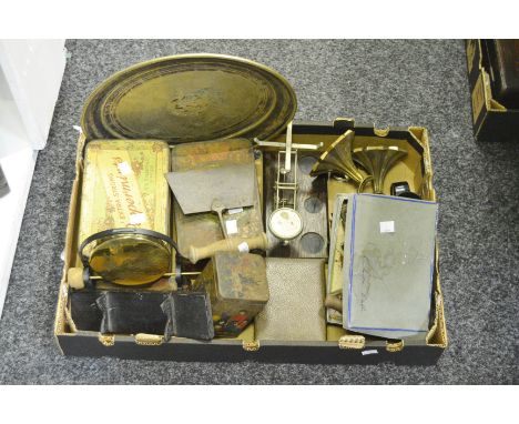Boxes and Objects - an early 20th century small brass dinner gong; a set of postal scales; tins;  etc (1 box)
