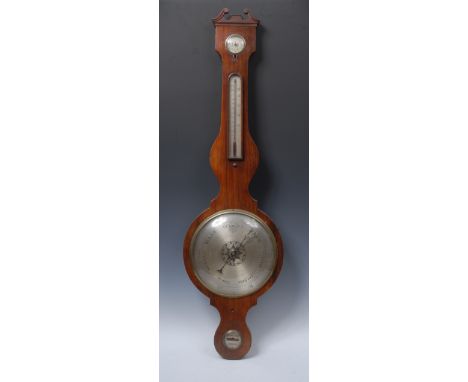 A 19th century rosewood wheel barometer, the case with swan neck pediment, 25cm silvered dial, the level inscribed Warranted 