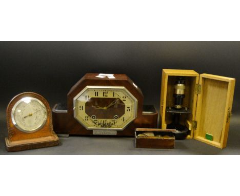 Boxes and Objects - a Students cased microscope; an early 20th century mantel clock; a leather framed desk barometer; shells 