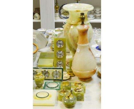  A Derbyshire alabaster table lamp; an onyx table lighter; others;  etc qty 