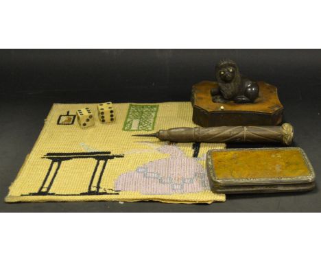 Ephemera -  a 19th  century tapestry ; a Victorian desk weight mounted with a recumbent Lion; a  pair of carved bone dice;  e