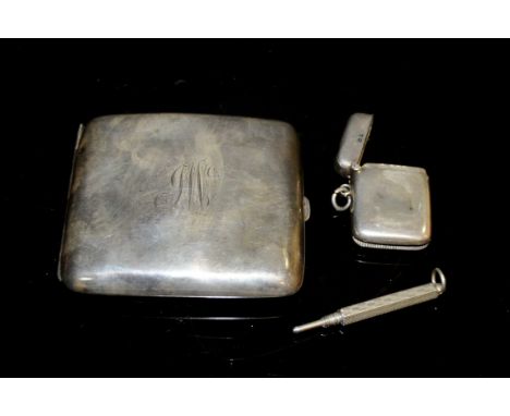 A silver cigarette case; a silver vesta; a sliding pencil (3)