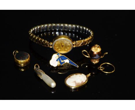 A sapphire and diamond eternity ring; an 18ct gold fob ; a 9ct gold cameo pendant;  etc 