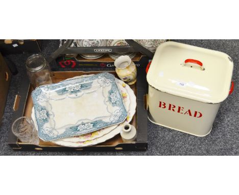 An enamel bread bin; kilner jar; meat plates ;  etc 