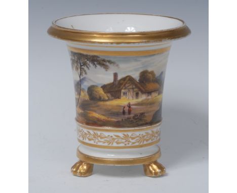 A Spode flared cylindrical vase, painted overall with thatched cottage, figures and landscape, everted rim, banded in gold, l