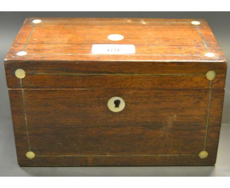 A Victorian rosewood and mother of pearl tea caddy, hinged cover enclosing a pair of lidded compartments, c.1860