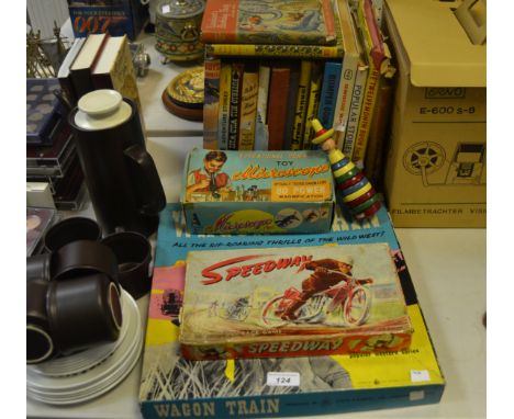 Ephemera - a boxed toy microscope, c.1950's; a Speedway boxed race game; Children's Annuals; a Hostess part coffee pot 