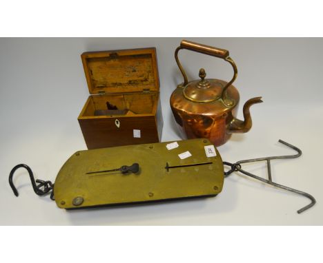 A large set of Salters Trade Spring Balance; a Victorian copper Kettle; a Victorian mahogany tea caddy