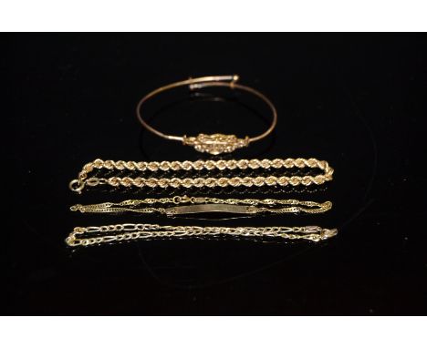 A 9ct gold  Christening bracelet ;another ; a rope twist bracelet ; a gold plated Baby bangle (4), 3.8g