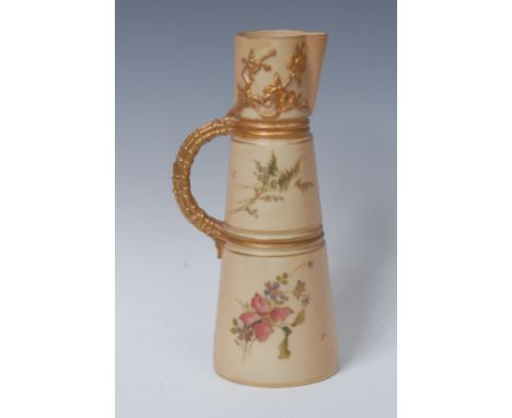 A Royal Worcester spreading cylindrical jug, printed and painted with colourful floral sprigs, on a blush ivory ground, half 