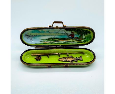 Hand painted mini green box with brown and gilded bands. Inside depicts a serene scene of a man fishing, and gilt figures of 