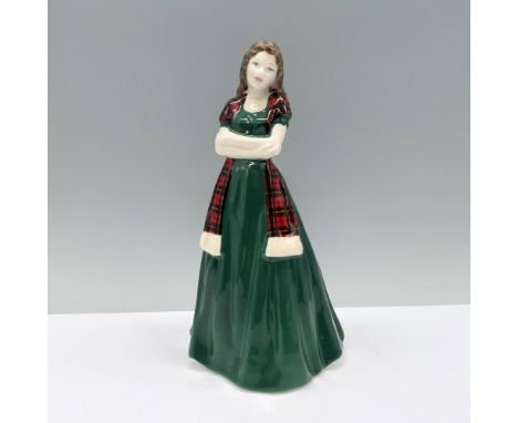 A young brunette woman stands in a long dress, her arms crossed, accentuated by a plaid scarf. Royal Doulton backstamp. Dimen
