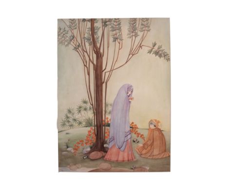 "Untitled" - ABDUR RAHMAN CHUGHTAI (1894-1975), Water Colour Wash.Rendered in soft, dreamlike hues, the scene depicts two vei