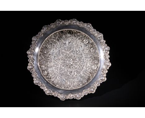 A Silver Repoussé Floral Bowl with Scalloped Rim,  Marked "900".A finely crafted silver bowl featuring a profusion of floral 