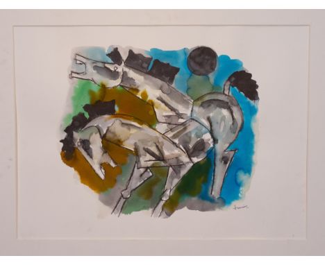 "Untitled" - MAQBOOL FIDA HUSAIN (1913-2011), Water Colour. Against a luminous, abstract backdrop of turquoise, ochre, and gr