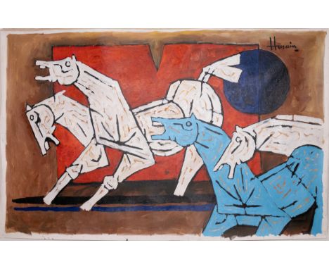 "Untitled" - MAQBOOL FIDA HUSAIN (1913-2011).A palette of stark whites, vivid blues, and deep earthen tones animates the canv