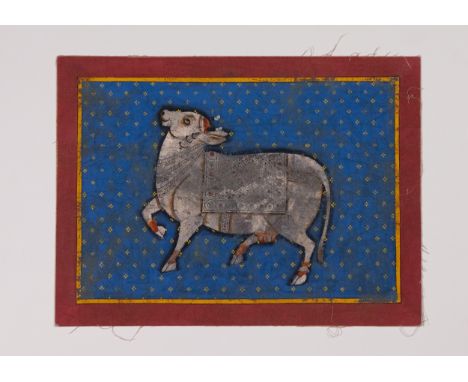 An Indian Miniature Painting of a Silver-Clad Bull on Indigo Ground, Late 19th Century.An Indian miniature painting depicting