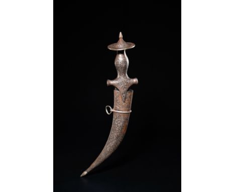 An Indian Silver-Inlaid Iron Khanjar Dagger with Domed Pommel.A finely crafted Indian khanjar dagger, composed of iron and ad