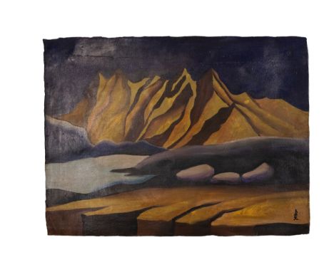 "Untitled" - Nicholas Roerich (1874–1947), Oil on Canvas.Painted in bold ochres and deep twilight blues, this oil on canvas c