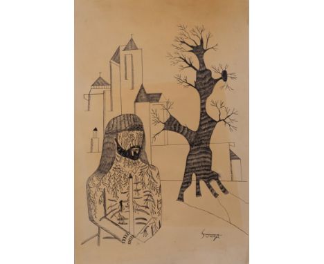 "Untitled" - FRANCIS NEWTON SOUZA (1924-2002), Ink on Paper.This work captures a deeply personal and expressionistic portraya