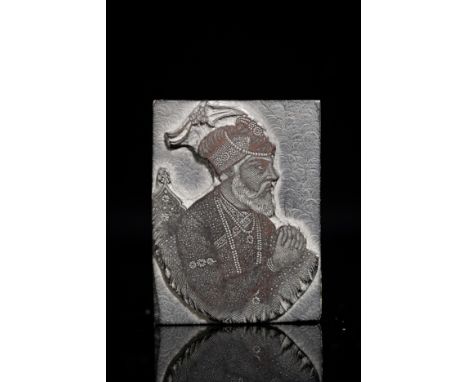 **NO RESERVE**An Indian Wooden Block with Portrait of a Mughal Emperor.A finely carved Indian wooden seal block featuring the