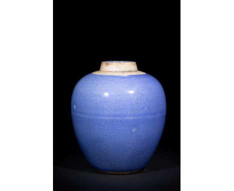 **NO RESERVE**A Chinese Blue-Glazed Porcelain Jar with Crackled Glaze.A rounded porcelain jar covered in a rich, crackled blu