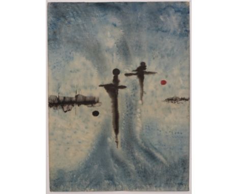 "Untitled" - VASUDEO S. GAITONDE (1924-2001), Water Colour on Paper.Two dark, cross-formed figures float weightlessly within 
