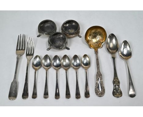 Three Victorian silver circular open salts, Sheffield 1875,&nbsp; a US Sterling and gilt sauce ladle and a set of six Hanover