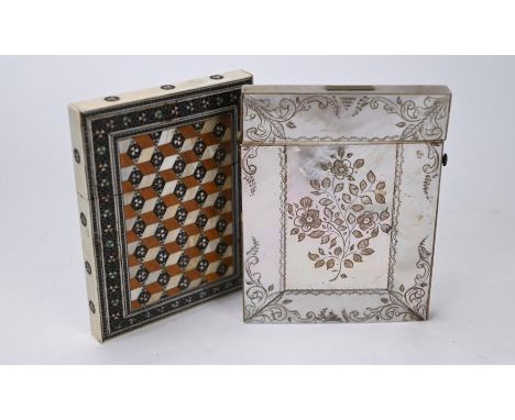 A 19th century Vizagapatam inlaid card-case, 10 x 8 cm to/w a mother of pearl card case with floral engraved decoration (2)
