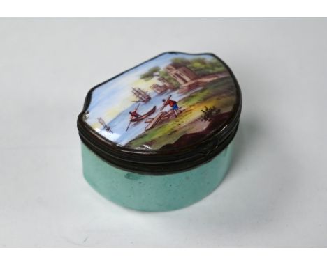 A 19th Continental enamel snuff box, the hinged cover painted with figures, boats and architectural ruins, on a turquoise bod