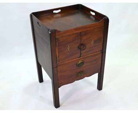 A Georgian mahogany tray top commode, with pair of inlaid cupboard doors over a twin dummy drawer front drawer, 54 cm x 46 cm