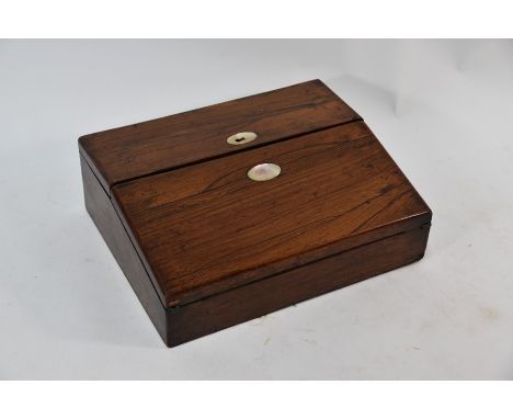 A Victorian rosewood writing slope with mother-of-pearl insets and fitted interior, 30 x 24 cm