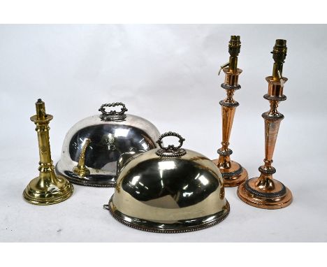 Two electroplated meat domes with beaded rims, to/w a pair of copper (ex-plated) baluster candlesticks and a Victorian brass 