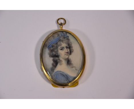 An 18th century oval portrait miniature on ivory of a lady with powdered hair tied with a blue scarf and with matching dress,