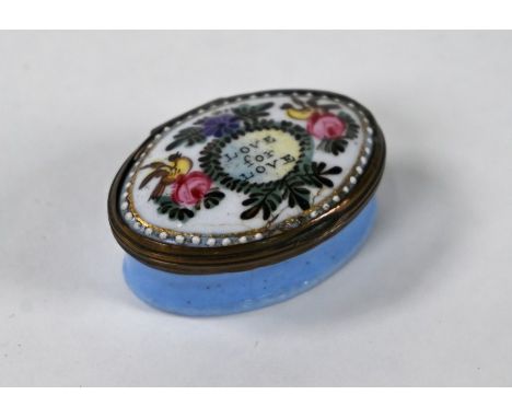 A Bilston-type enamel snuff box of oval cushion form, the hinged lid inscribed 'Love for Love', flanked by painted birds and 