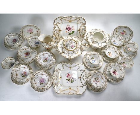 An early Victorian china part tea service in the manner of Coalport or Ridgeways, each piece painted with individual floral s