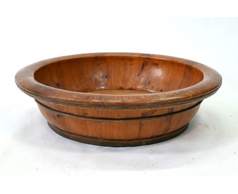 A large Chinese brass bound elm shallow bath or basin, 78 cm diam x 19 cm high