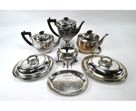 A Victorian half-reeded oval teapot, a similar stemmed coffee pot and a kettle on stand (the latter f/r), to/w two bead-edge 