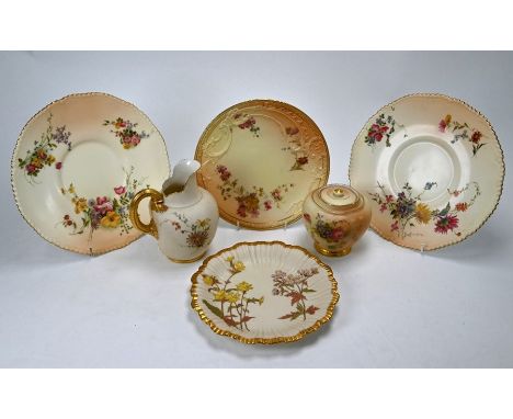 Various floral-painted Royal Worcester items, including jug dated 1895, 16cm high, melon-shaped jar and cover 1905, 11cm, and