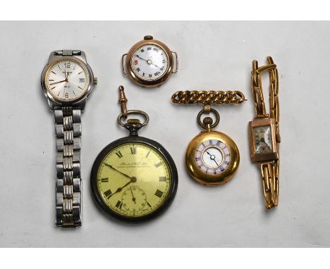 A Swiss 18k and enamel half-hunter fob watch with top-wind lever movement, on unmarked soldered curb-chain bar-brooch hanger,