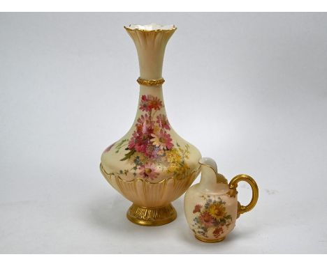 An Edwardian Royal Worcester vase painted with flowers on an ivory ground, 26cm high, to/w a small jug with similar decoratio