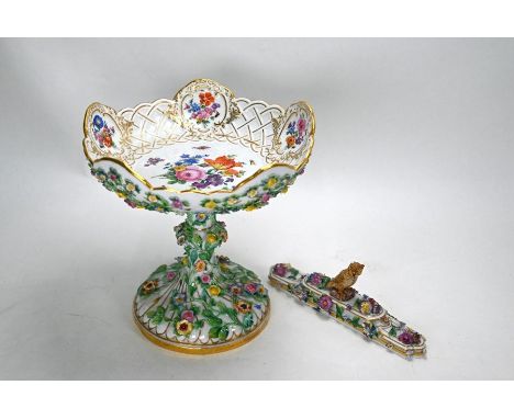 A Meissen porcelain floral-encrusted comport, painted with Dresden floral sprays, 22.5cm diameter, to/w a Meissen floral encr