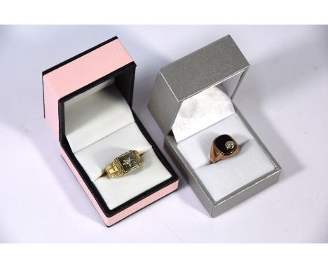 A 9ct rose gold signet ring, the onyx face with collet set diamond, size M, approx 4.1g to/w&nbsp;a rectangular signet ring w