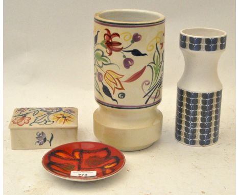 A Poole Pottery vase, Poole lidded box, Poole plate and a Hornsea vase, largest 22cm