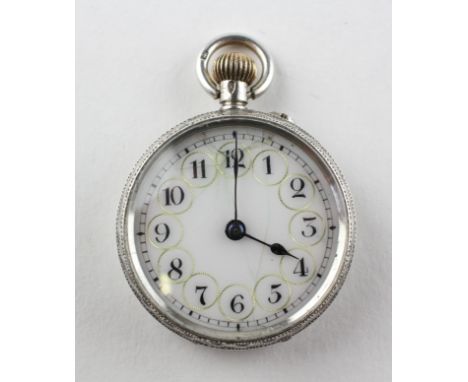 An open face pocket watch, circular white dial (cracked) with numerical markings. Manual wind movement, inner case marked for